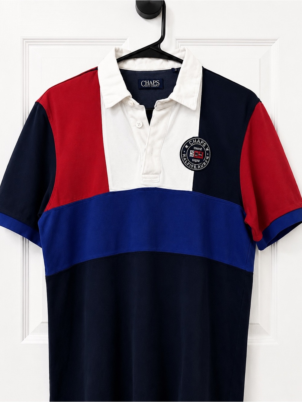 CHAPS Men’s Colorblock Short Sleeve Rugby Polo Shirt in Red/White/Blue